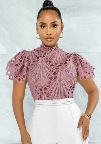 Pink Lace High Neck Puff Short Sleeve Hollow Out Shirt