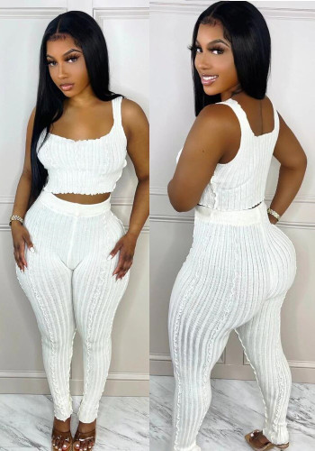 White Ribbed Crop Tan Top and High Waist Pants Bodycon 2PCS Set