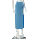 Blue Mid Waist High Slit Long Skirts