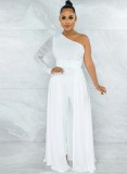 White Mesh One Shoulder Long Sleeves Ripped Jumpsuit with Belt