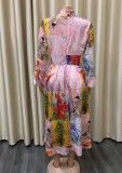 Pink Floral Print Turtleneck Long Sleeves A-line Long Dress with Belt