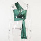 Green One Shoulder Sleeveless Satin O-Ring Lace Up Crop Top