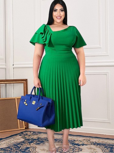 Green Short Sleeves Ruffles Pleated Midi Dress