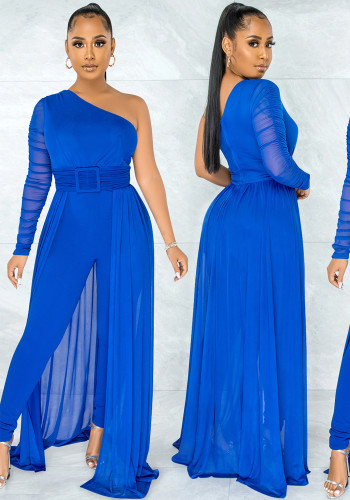 Blue Mesh One Shoulder Long Sleeves Ripped Jumpsuit with Belt