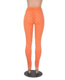 Orange Elastic Waist Hollow Out Slim Fit Pants