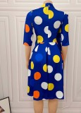 Blue High Neck Half Sleeves Dot Print Bow A-line Midi Dress