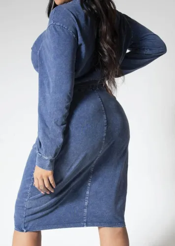 Plus Size Blue O-Neck Long Sleeves Denim Top and High Waist Midi Skirt 2PCS Set