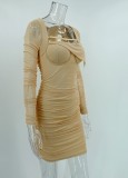 Beige Square Neck Long Sleeves Ruched Mini Fitted Dress