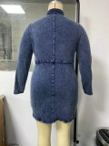 Plus Size Dk-Blue V-Neck Long Sleeves Ruched Mini Denim Dress