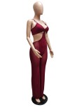 Burgunry V-Neck Sleeveless Patchwork Mesh Cut Out Cami Jumpsuit