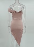 Pink Silk Cami Halter Single Sleeve Irregular Midi Dress