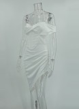 White Silk Cami Halter Single Sleeve Irregular Midi Dress