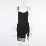 Black Lace Patched Slit Cami Mini Dress