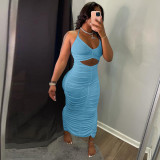 Solid Color Cami Halter Keyhole Ruched Maxi Dress