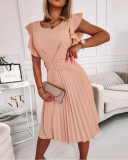 Print O-Neck Pleated Dress with Belt
