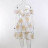 Floral Print White Off Shoulder Hollow Out Mini Dress