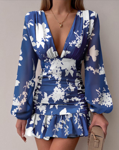 Floral Print Blue Long Sleeves V-Neck Flounce Mini Dress
