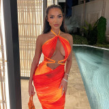Print Orange Cut Out O-Ring Cami Halter Long Dress