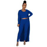 Solid Color Sleeveless Tank Crop Top and Pants with Long Cardigan 3PCS Set