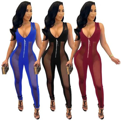 Mesh Patchwork Deep-V See Through Zipper Sleeveless Slim Jumpsuit