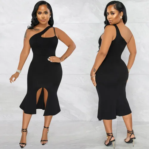 One Shoulder Sleeveless Asymmetric Slim Fit Long Dress