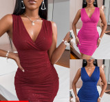 V-Neck Sleeveless Ruched Slim Fit Mini Dress