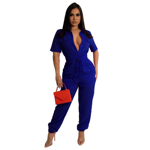 Solid Color Deep-V Short Sleeve Jumpsuit with Pocket