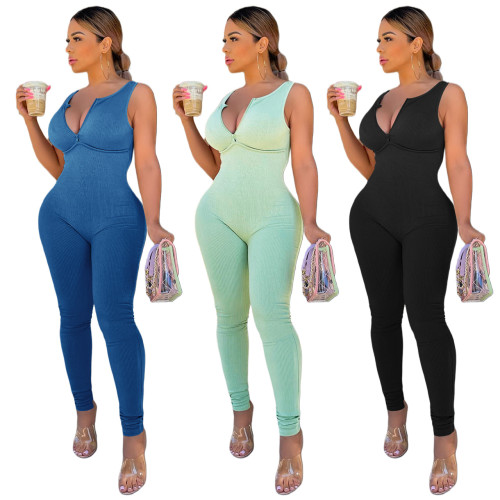 Solid Color Back Zipper Sleeveless Skinny Jumpsuit