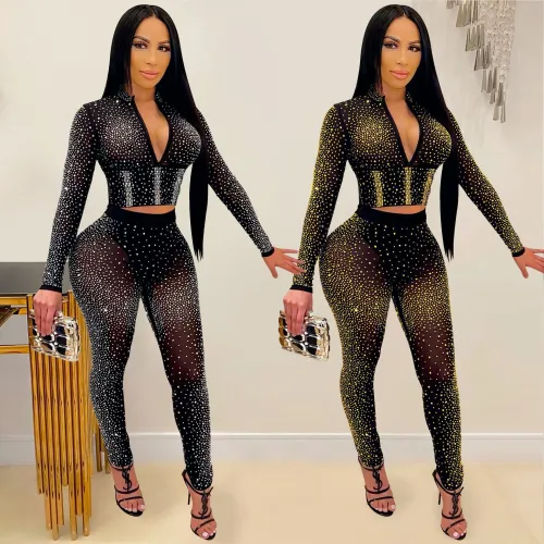 Rhinestone Mesh Long Sleeves V-Neck Crop Top and Pants 2PCS Set