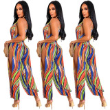 Colorful Stripes Print Sleeveless Side Slit Loose Jumpsuit