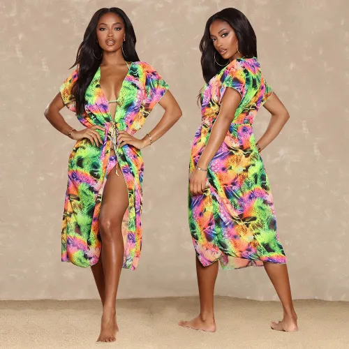 Print Cami Halter Bikini and Short Sleeves Long Cardigan Swimsuit 3PCS Set