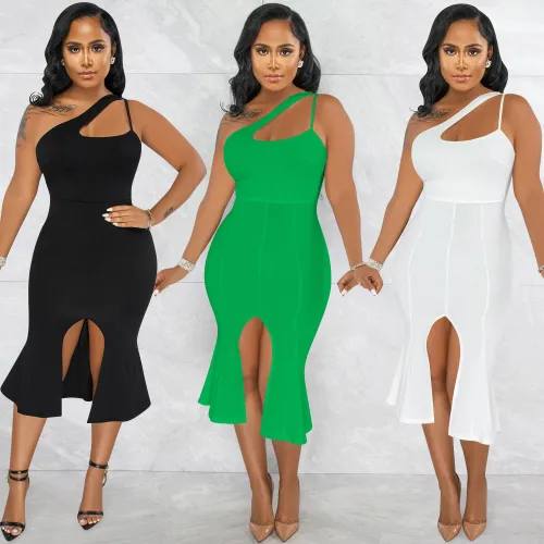 One Shoulder Sleeveless Asymmetric Slim Fit Long Dress
