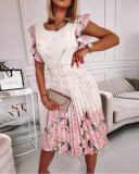 Print O-Neck Pleated Dress with Belt