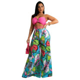 Solid Color Strapless Crop Top and Print Loose Pants 2PCS Set
