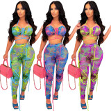 Print Cami Lace Up Crop Top and Tight Pants 2PCS Set