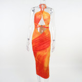 Print Orange Cut Out O-Ring Cami Halter Long Dress