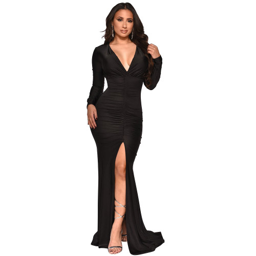 Satin V-Neck Long Sleeves V-Neck Slit Maxi Dress