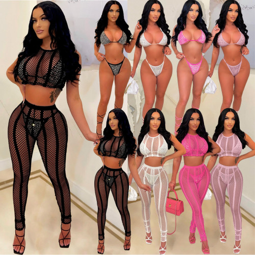 Fishnet Sleeveless Crop Top and Pant with Halter Bikini 4PCS Swimsuit