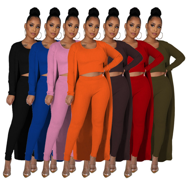 Solid Color Sleeveless Tank Crop Top and Pants with Long Cardigan 3PCS Set