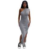 Solid Color One Shoulder Sleeveless Slit Maxi Dress