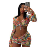 Print Long Sleeve Crop Top and Mini Skirt with T-Back 3PCS Set
