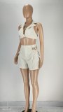 Turndown Collar Sleeveless Crop Top and Hollow Out Shorts 2PCS Set