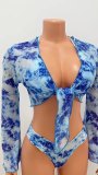 Floral Print Cami Halter Bikini and Mesh Long Sleeves Cover-Up 3PCS Set