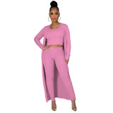 Solid Color Sleeveless Tank Crop Top and Pants with Long Cardigan 3PCS Set