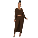 Solid Color Sleeveless Tank Crop Top and Pants with Long Cardigan 3PCS Set
