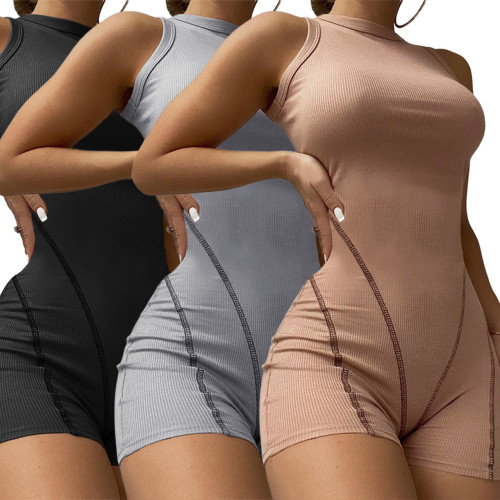 Solid Color O-Neck Sleeveless Slim Fit Romper