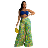 Solid Color Strapless Crop Top and Print Loose Pants 2PCS Set