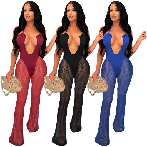 Mesh Patchwork Cami Halter Cut Out Sleeveless Jumpsuit