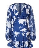 Floral Print Blue Long Sleeves V-Neck Flounce Mini Dress