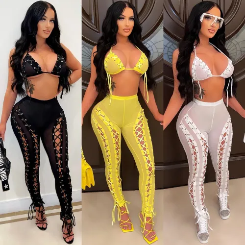 Solid Color Cami Halter Lace Up Bra and High Waist Pants 2PCS Set